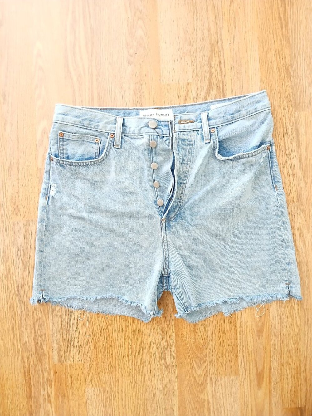 Denim Forum Light Blue High-Rise Cutoff Jean Shorts - Picture 6 of 9